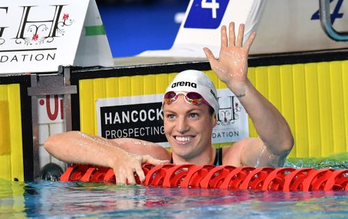 Emily Seebohm celebrates after winning the final of the women's 50m backstroke at the Gold Coast Aquatic Centre in March. Picture: AAP