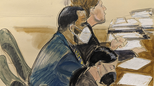 In this courtroom artist's sketch R. Kelly, left, listens during his trial in New York, Thursday, Aug. 26, 2021. The 54-year-old Kelly has repeatedly denied accusations that he preyed on several alleged victims during a 30-year career highlighted by his mega hit 'I Believe I Can Fly'.