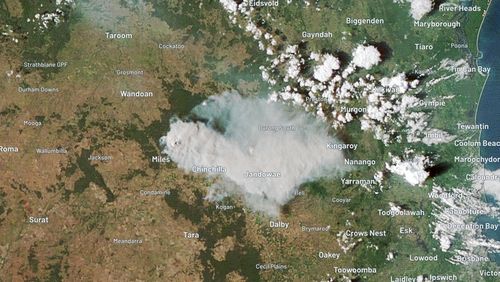The smoke from the bushfires in Queensland's Western Downs region, shot from satellite.