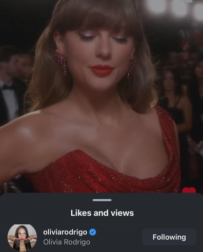 Tangkapan layar Olivia Rodrigo menyukai video Taylor Swift di karpet merah di 2025 Grammy.