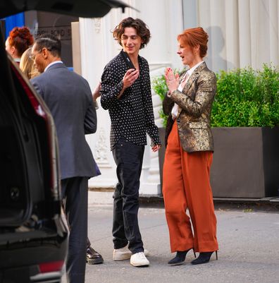 NEW YORK, NEW YORK - APRIL 19: Timothee Chalamet (C) is seen during a take for a commercial called 'Vertigo' on April 19, 2023 in New York City. (Photo by Gotham/GC Images)