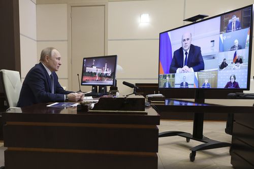 Russian President Vladimir Putin chairs a meeting on economic issues via a video conference at the Novo-Ogaryovo state residence outside Moscow, Russia, Tuesday, Jan. 17, 2023.