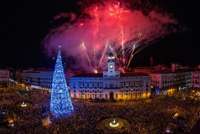 The clock of the Puerta del Sol rings at midnight to say good bye to the last year and receive 2019 during celebrations at the Puerta del Sol in Madrid, Spain.