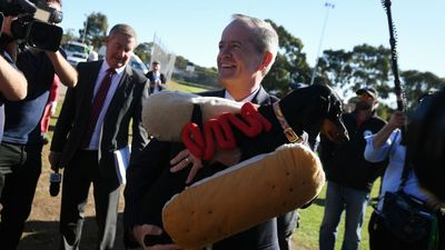 Bill Shorten embraces a sausage dog in Adelaide.