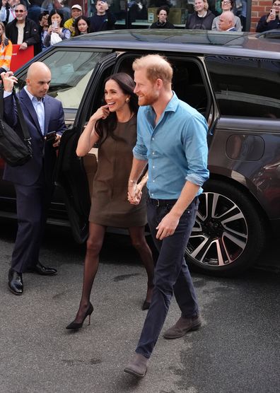 MELBOURNE, AUSTRALIA - APRIL 16: Meghan, Duchess of Sussex, and Prince Harry, Duke of Sussex arrive to visit Batry Australia, a mental health program at Swinburne University of Technology on April 16, 2026 in Melbourne, Australia. The Duke and Duchess of Sussex are on a four-day visit to Australia, with appearances in Melbourne, Canberra and Sydney. (Photo by Jonathan Brady/PA Wire-Pool/Getty Images)