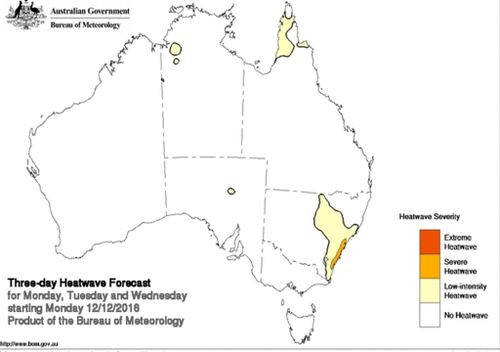 BoM's heatwave map for December 12 to December 14. (BoM)