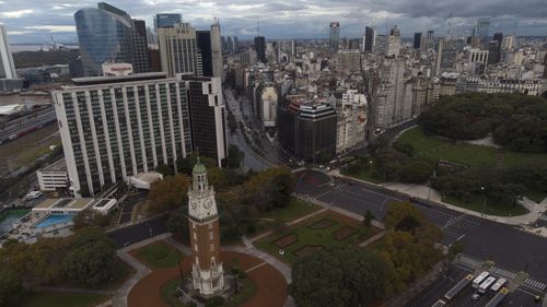 The Fuerza Aerea Argentina square is empty of traffic in Buenos Aires on May 22, 2021. 
