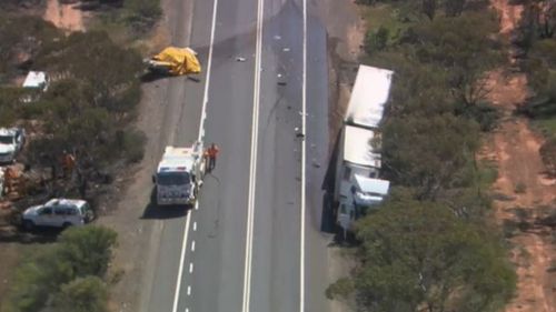 Man dies and woman injured after car collides with truck on South Australia’s Sturt Highway