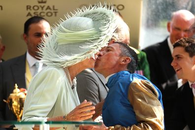 Frankie Dettori riding Courage Mon Ami kisses Queen Camilla on the cheek as he celebrates winning The Gold Cup during day three of Royal Ascot 2023 at Ascot Racecourse on June 22, 2023 in Ascot, England 