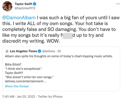 Taylor Swift slams Damon Albarn on Twitter.