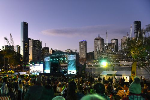 BRISBANE, AUSTRALIA - JULY 21: A general view is seen of the stage area during the announcement of the host city for the 2032 Olympic Games, watched via live feed in Tokyo, at the Brisbane Olympic Live Site on July 21, 2021 in Brisbane, Australia. (Photo by Albert Perez/Getty Images)