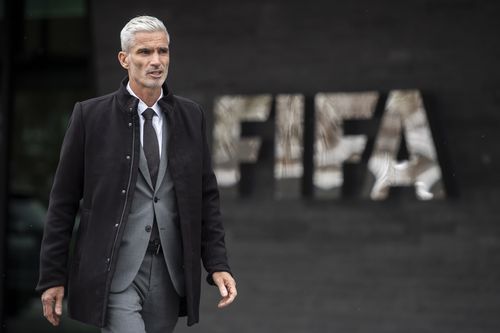 Former Australian national team captain Craig Foster walks after a briefing on the illegal detention of refugee football player Hakeem al-Araibi at the FIFA headquarters in Zurich, Switzerland, with 50,000 signatures.