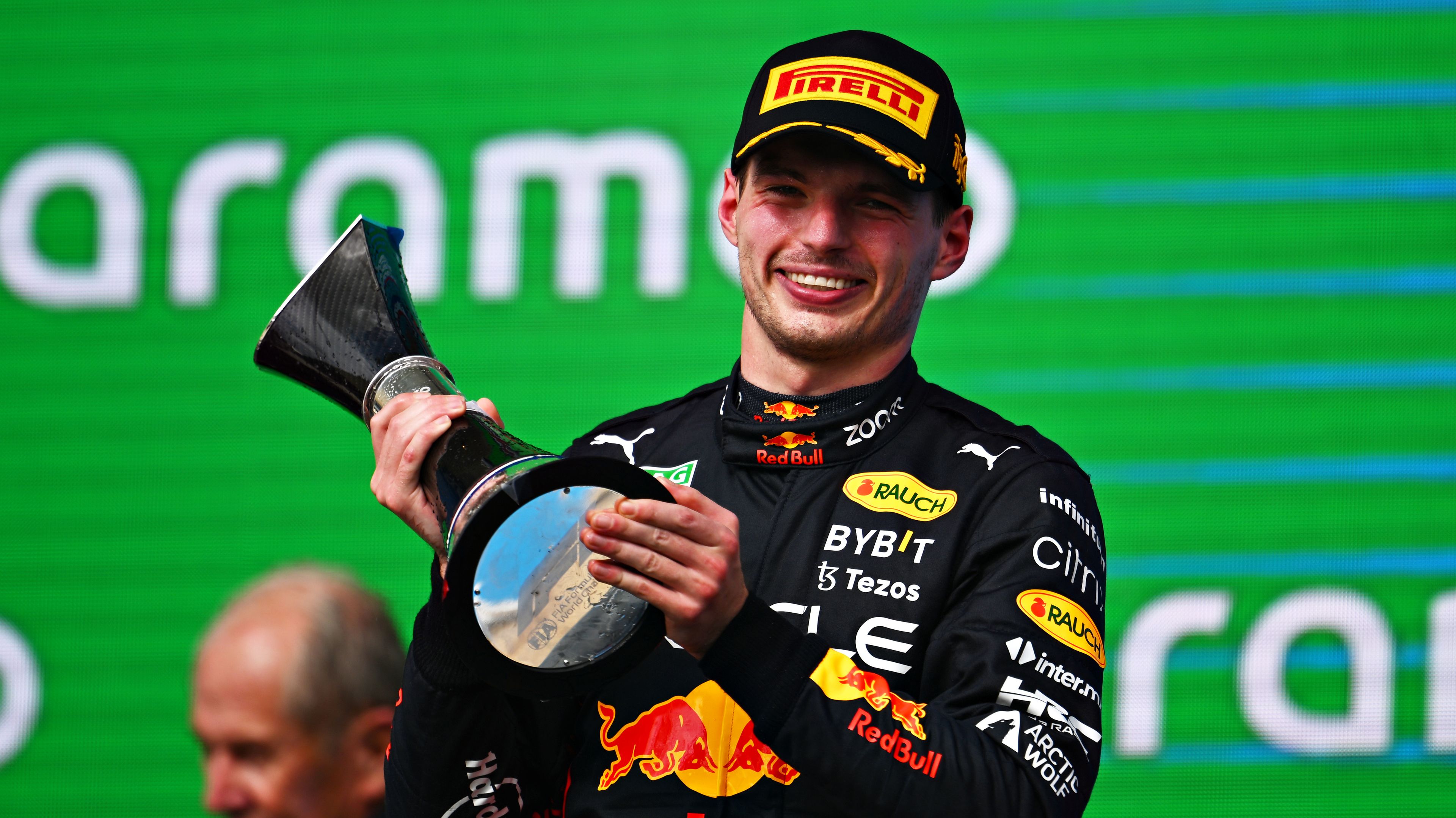 Race winner Max Verstappen of the Netherlands and Oracle Red Bull Racing celebrates on the podium following the F1 Grand Prix of USA at Circuit of The Americas on October 23, 2022 in Austin, Texas. (Photo by Clive Mason - Formula 1/Formula 1 via Getty Images)