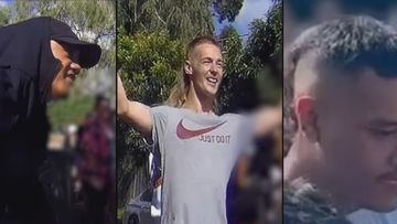 Police have released footage of three men who are on the run after a hoon meet-up turned violent and police cars were damaged in Queensland&#x27;s south east on the weekend.