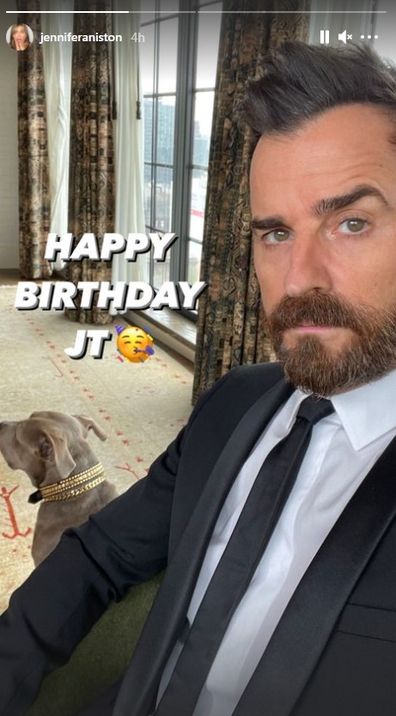 Jennifer Aniston greets ex-husband Justin Theroux on his 50th birthday.