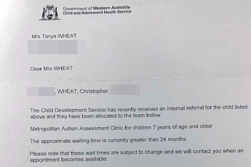 The letter Tanya Wheat was sent, outlining a wait of more than 24 months to get an autism assessment for her son.