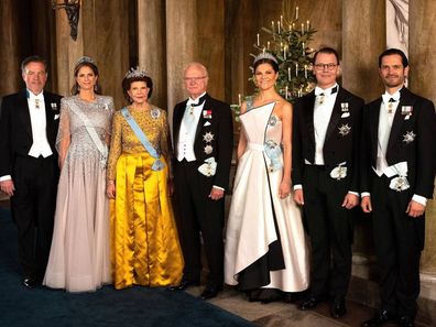 The Swedish royal family at the 2025 Nobel Prize Ceremony, December 10. L-R: Christopher O'Neill, Princess Madeleine, Queen Silvia, King Carl XVI Gustaf, Crown Princess Victoria, Prince Daniel and Prince Carl Philip.