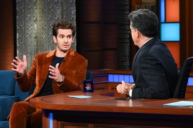 NEW YORK - NOVEMBER 22: The Late Show with Stephen Colbert and guest Andrew Garfield during Monday's November 22, 2021 show. (Photo by Scott Kowalchyk/CBS via Getty Images)