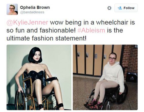Ophelia Brown has called out Jenner for trivialising disabilities for fashion. (Twitter: @bandaidknees)