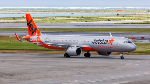 Naha, Japan - October 3, 2023: Jetstar Japan Airlines Airbus A321neo airplane at Okinawa Naha Airport (OKA) in Japan.