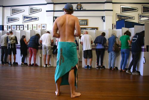 Voters at the Queenscliff Surf Life Saving Club polling station during the 2019 federal election.