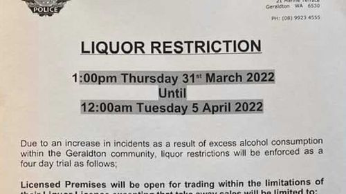 The notice listed types of cask wine which could no longer be sold in Geraldton.