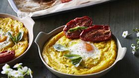 Annabel Crabb's fresh corn polenta with baked eggs and smoky tomatoes recipe