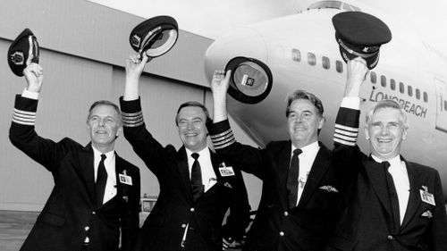 Qantas pilots on the non-stop flight from London to Sydney. From left to right: Captain Rob Greenop, Captain David Massy-Greene, Captain Ray Heiniger and Captain George Lindeman. (Qantas)
