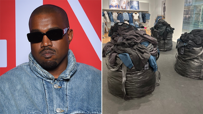 Kanye West selling new clothing range out of trash bags.