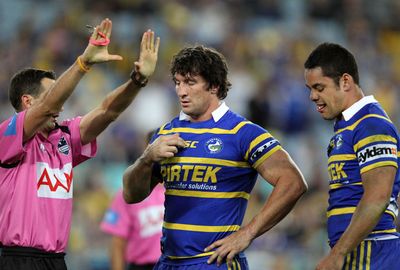 Highly competitive. Hayne was often at odds with referees, like this sin-binning in 2010.