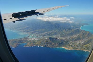 View from the plane towards the iconic Hawaiian volcano crater