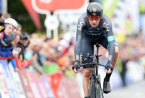 Bradley Wiggins after crossing the line to winning the third stage in the Individual Time Trial in the 2013 Tour of Britain in Knowsley. (AAP)