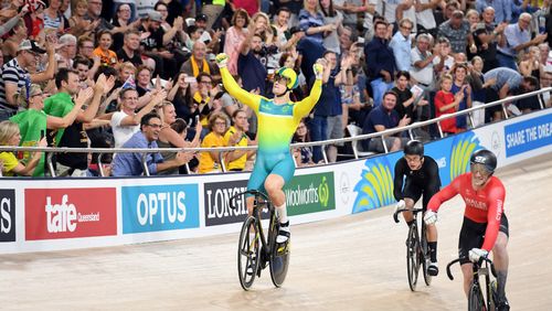 Glaetzer celebrates after winning gold in the men's keirin. (AAP)