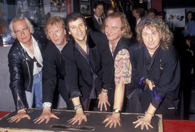 Tony Kaye, Chris Squire, Trevor Rabin, Alan White and John Anderson of Yes attend Rock Walk Induction Party on May 24, 1994 at Guitar Center in Hollywood, California. 