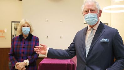 Prince Charles, Prince of Wales and Camilla, Duchess of Cornwall visit The Queen Elizabeth Hospital on February 17, 2021 in Birmingham, England.