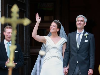 BORMES-LES-MIMOSAS, FRANCE - APRIL 29: Her Royal Highness Alexandra of Luxembourg & Nicolas Bagory leave their religious wedding on April 29, 2023 in Bormes-les-Mimosas, France. (Photo by Arnold Jerocki/Getty Images)