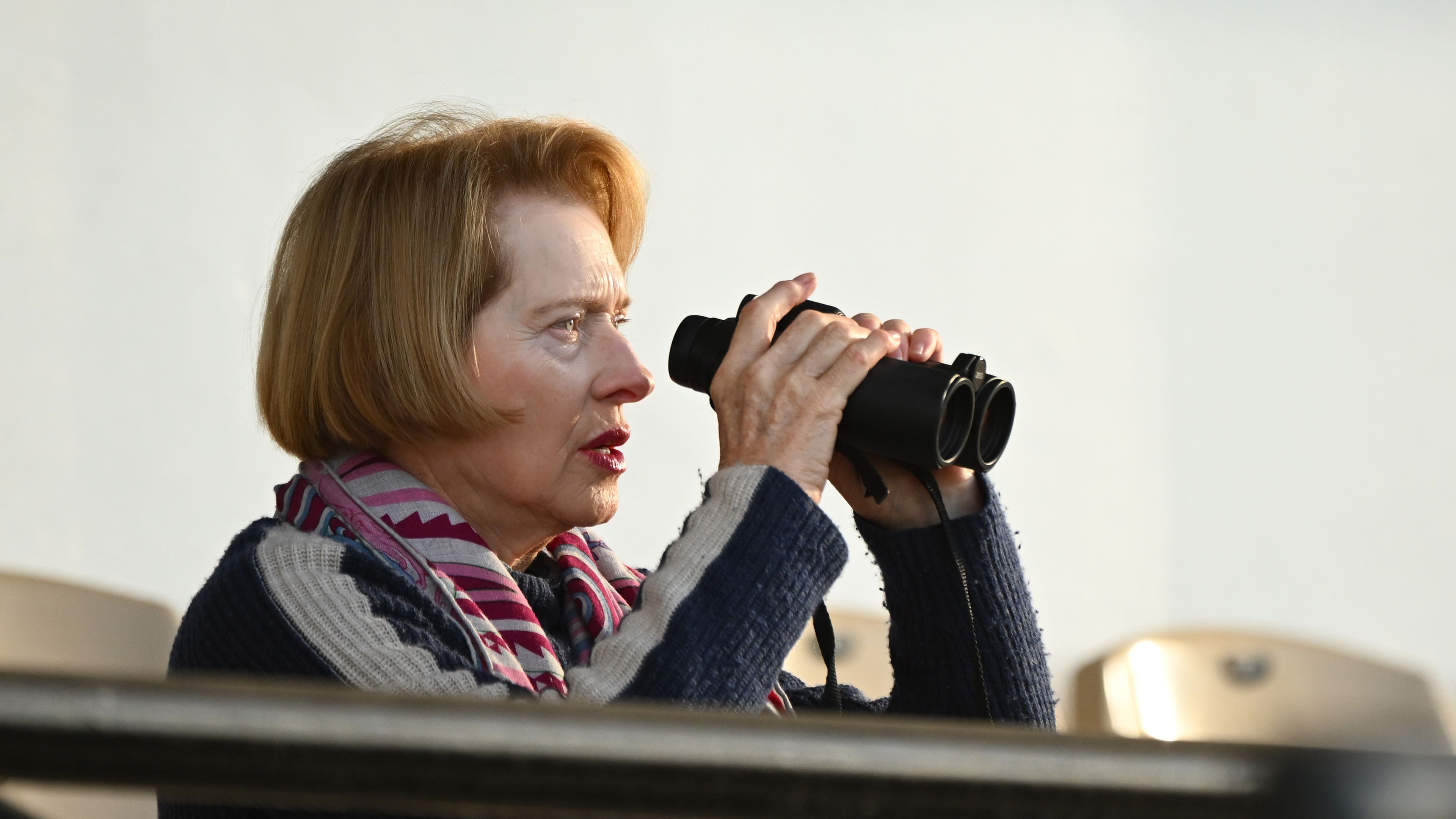 Champion trainer Gai Waterhouse keeps an eye over trackwork.