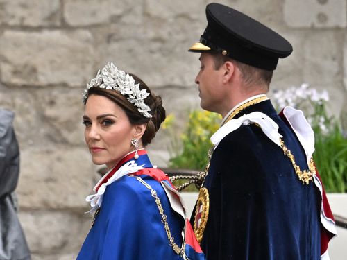 Catherine, Princess of Wales and Prince William, Prince of Wales during the Coronation of King Charles III and Queen Camilla on May 06, 2023 in London, England.