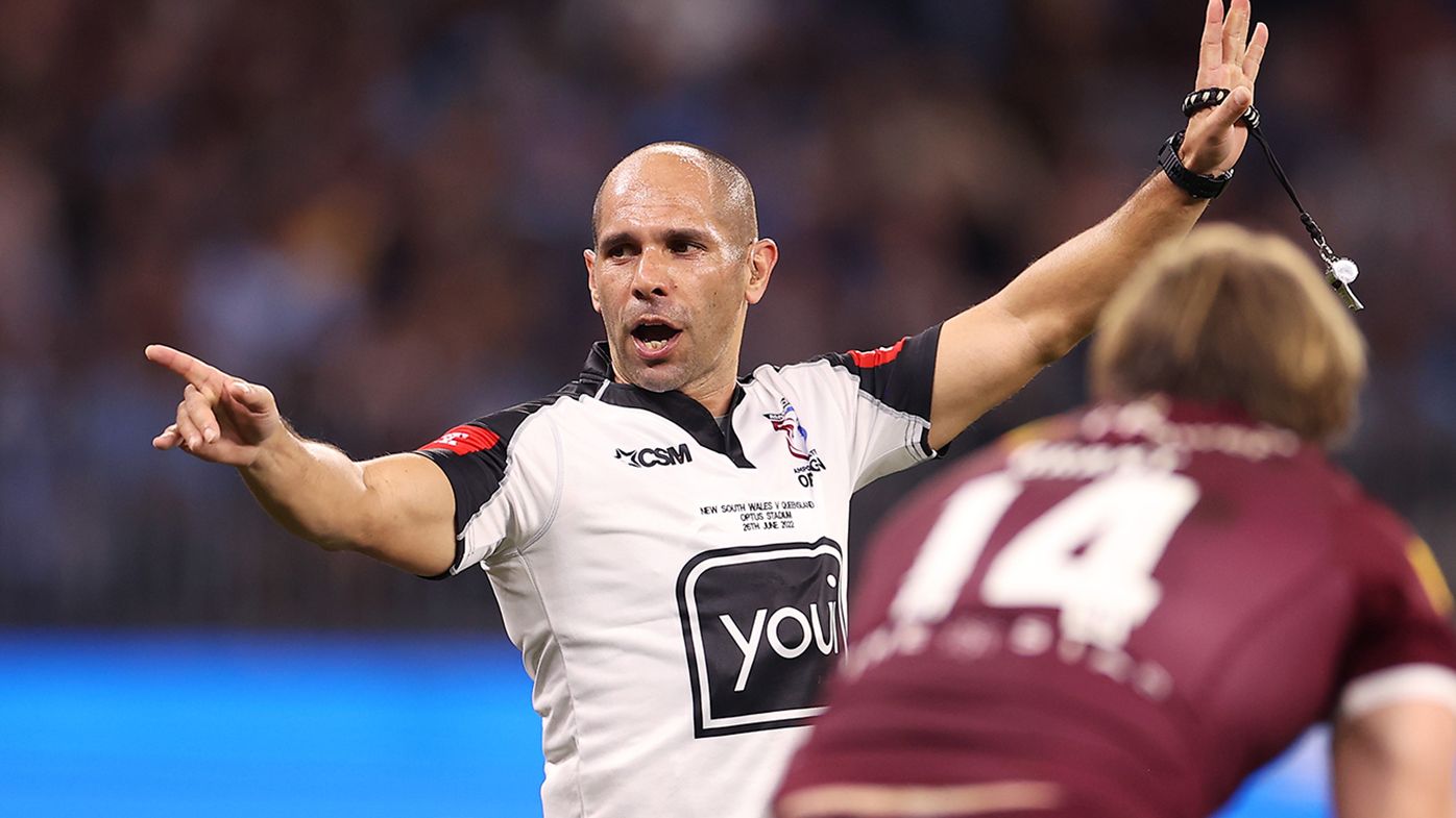Referee Ashley Klein sends Felise Kaufusi to the sin bin during game two of the State of Origin series between New South Wales and Queensland.