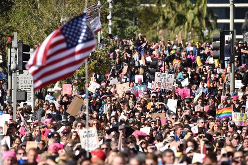 Thousands joined the 2018 Women's March in Los Angeles yesterday. (AAP)