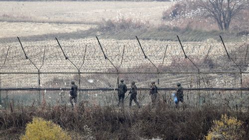 South Korean soldiers parol in Imjingak Park near the Demilitarized zone (DMZ) in Paju, Gyeonggi-do Province this month.