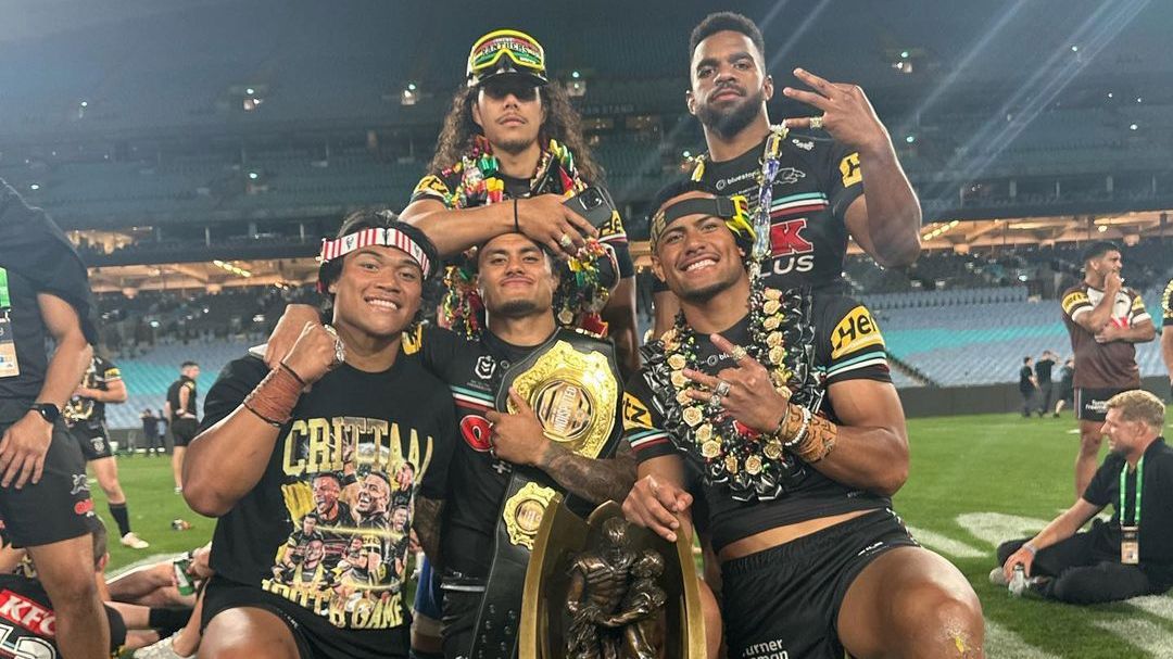 Brian To&#x27;o, Jarome Luai, Spencer Leniu, Sunia Turuva and Stephen Crichton pose with the Provan-Summons trophy.