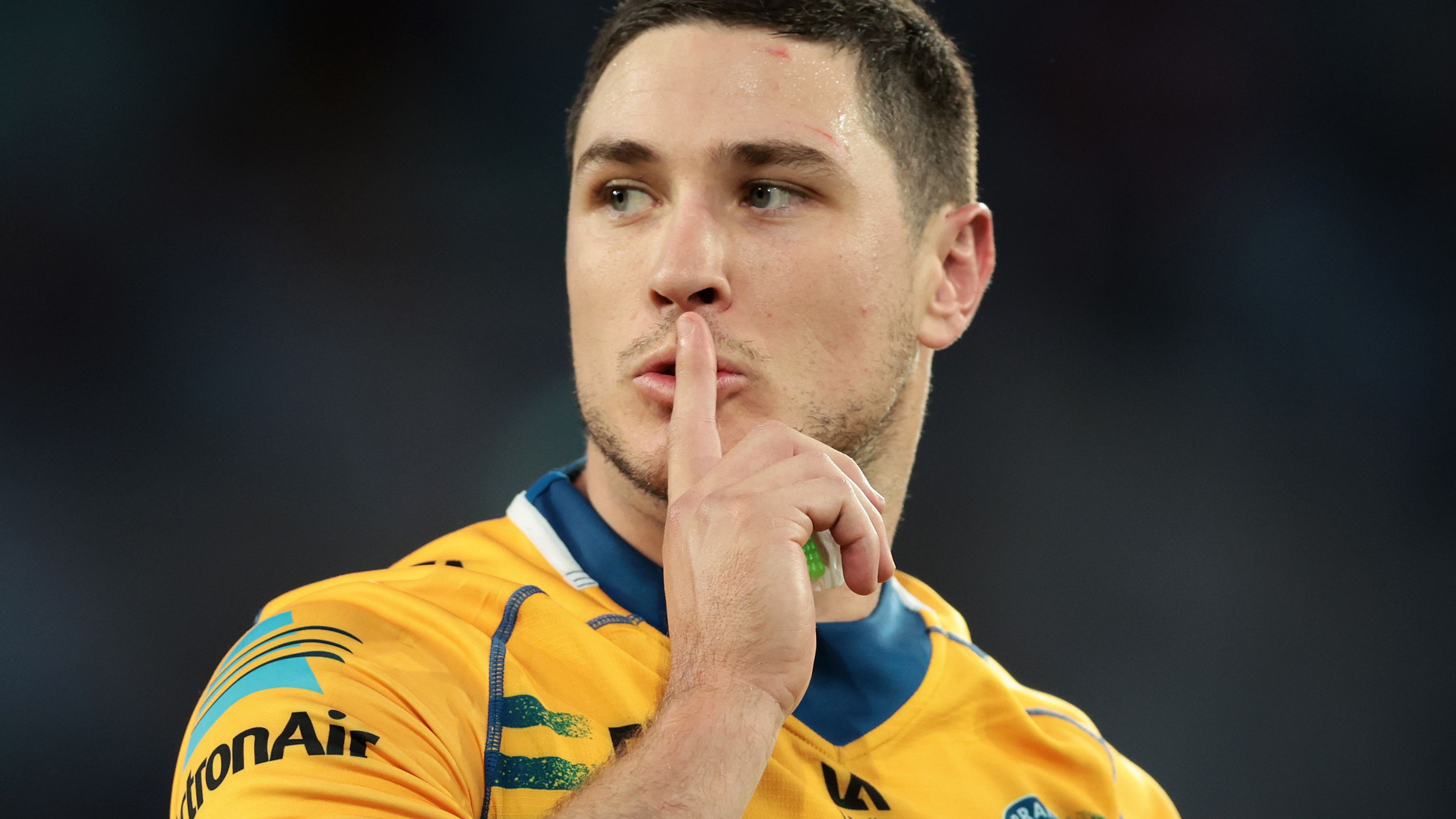 Mitchell Moses of the Eels gestures to the crowd after kicking a conversion during the round six NRL match between Wests Tigers and Parramatta Eels at Accor Stadium on April 10, 2023 in Sydney, Australia. (Photo by Mark Metcalfe/Getty Images)