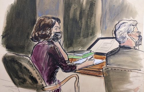 In this courtroom sketch, Ghislaine Maxwell, left, sits at the defence table with attorney Jeffrey Pagliuca while listening to testimony in her sex abuse trial, Thursday, December 16, 2021, in New York. 