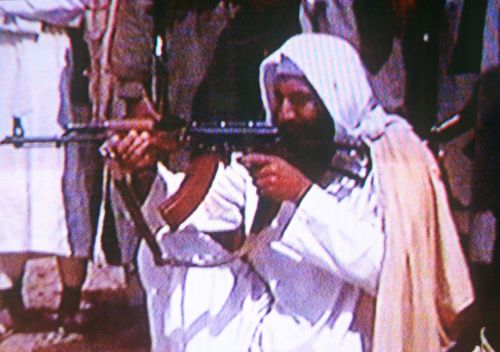 A screengrab of a video tape showing Osama Bin Laden in a Al Qaeda training camp. (Getty)