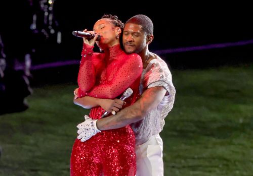 Usher and Alicia Keys perform onstage during the Apple Music Super Bowl LVIII Halftime Show 