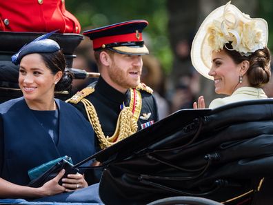 The trio ride by carriage down the Mall during Trooping The Colour, the Queen's annual birthday parade, on June 08, 2019.