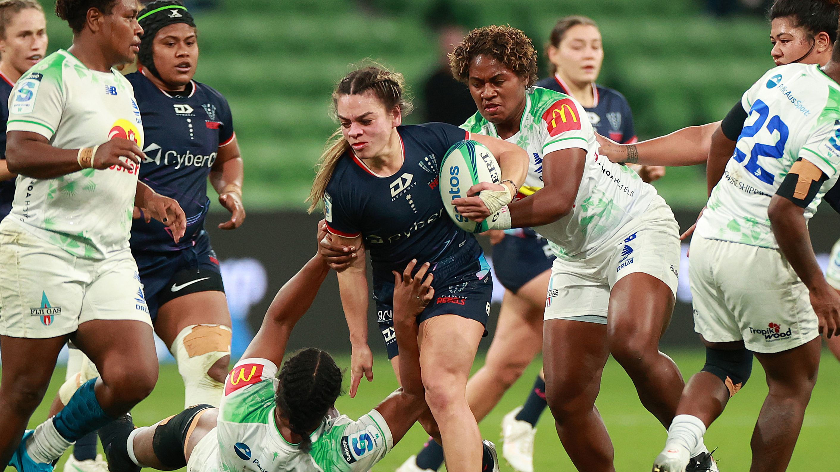 Jayme Nuku of the Rebels runs with the ball during the round five Super Rugby Women&#x27;s match between Melbourne Rebels and Fijian Drua.