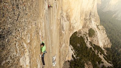 Kevin Jorgeson climbing the Dawn Wall during the filming of the movie The Dawn Wall in Yosemite Valley, CA, United States in January, 2015.