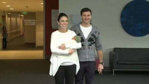 New Zealand Prime Minister Jacinda Ardern with her partner Clarke Gayford and baby leaving hospital. Picture: TVNZ